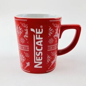 "Nescafe" Coffee Mug Red White Reindeer Sweater Pattern "Nestle" 11oz Christmas